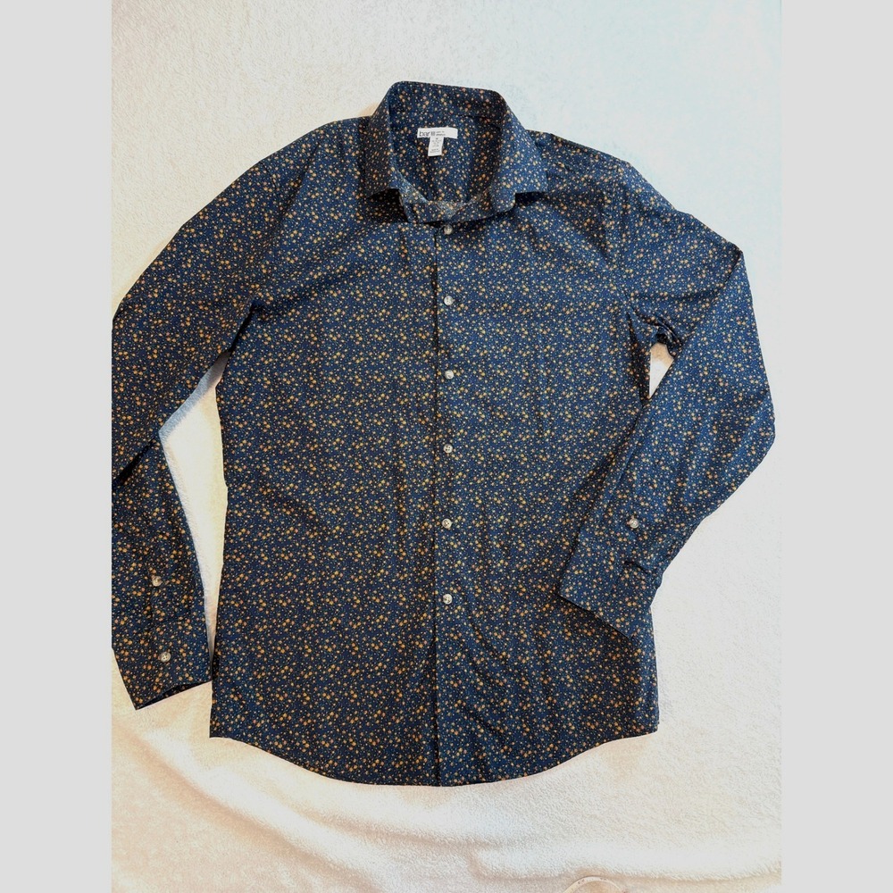 Bar III Mens Slim Fit Stretch Floral Button Down Shirt Navy Blue Yellow Orange M